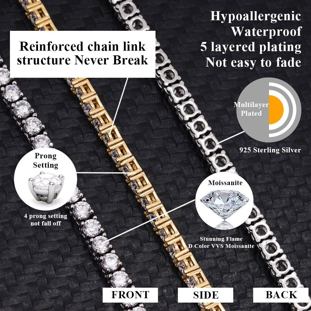 Moissanite Tennis Chain Necklace 18K Gold Plated 925 Silver Iced Out Jewelry